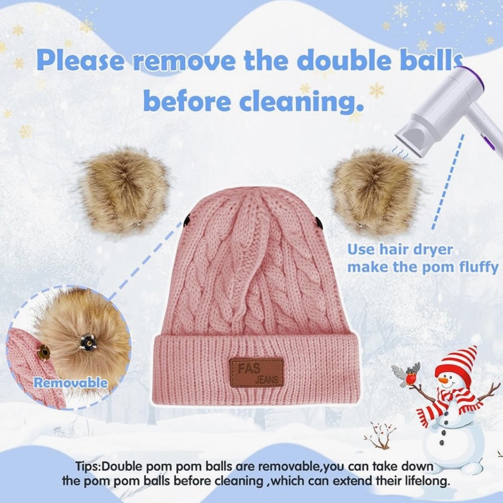 Infant Toddler Woolen Hat Cream Color Winter Twist Double Pom Pom Knitted Beanie - Picture 4 of 6